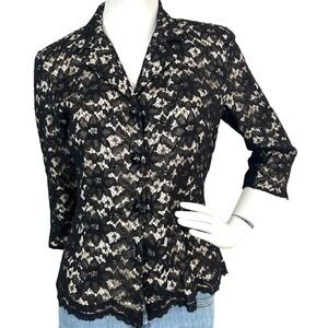 David Warren Lace Jacket 3/4 Sleeve Buttons Notch Collar Black Size Large 10 P